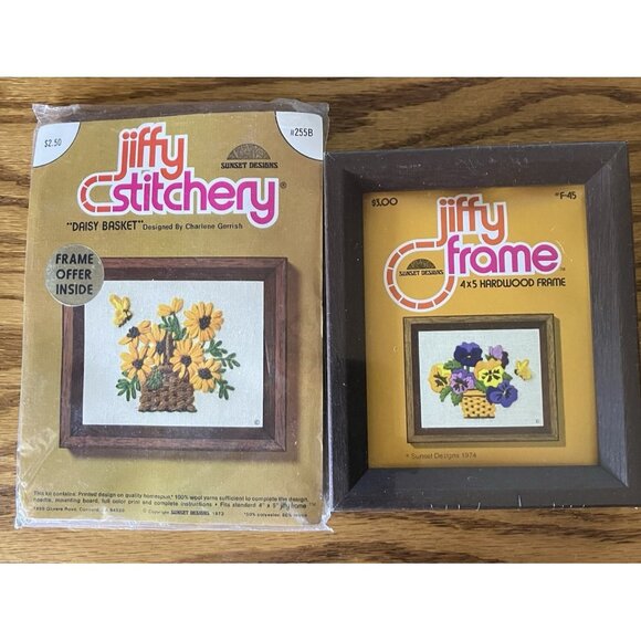 Jiffy 4x5 Crewel Kit & Frame Daisy Basket #225B ©1973 & Frame F-45 ©1974 NOS - Picture 1 of 12